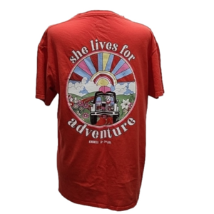 KINDNESS & CONFETTI LADIES LARGE TEE SHE LIVES FOR ADVENTURE
